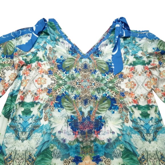Sheilay Blouse Womens Small Blue Floral Cold Shoulder Bell Sleeve Top New - Picture 14 of 16
